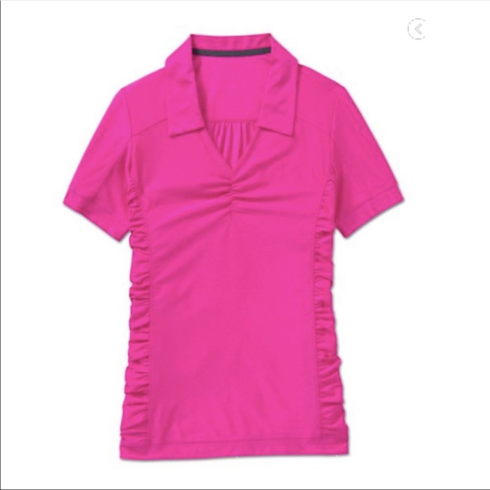Athleta Birdie Pink Ruched Polo Golf Athletic Top Medium Tall Preppy Barbie